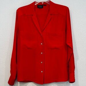 VTG 80s Alcott & Andrews Silk Blouse Red Button Up V-Neck Pockets Womens Size 4